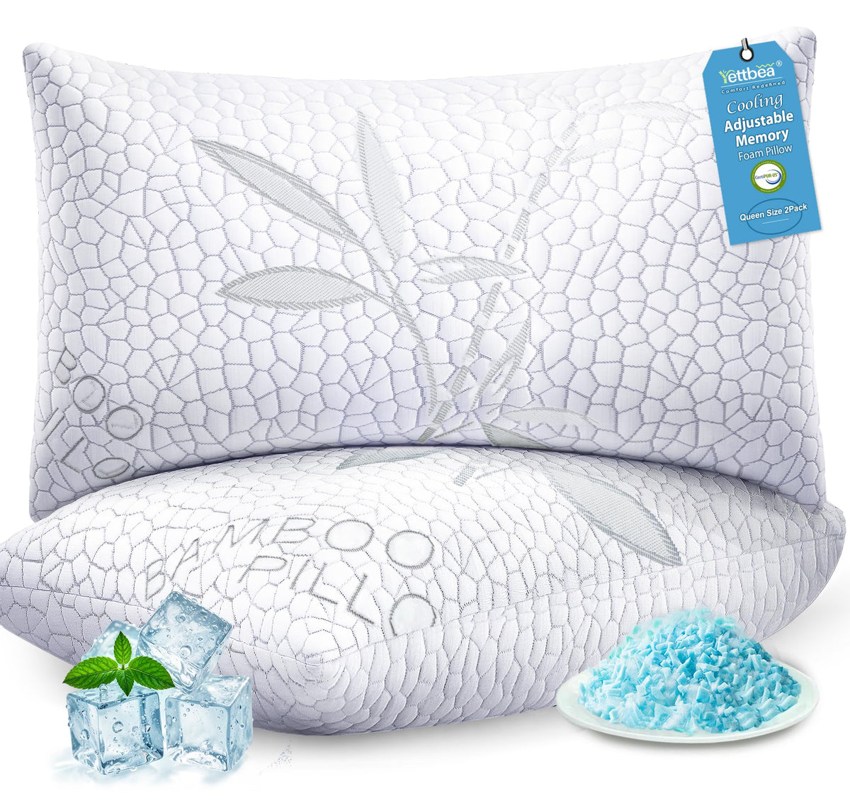 Yettbea almohadas queen embalaje frontal mostrando juego de 2 y beneficios frescura