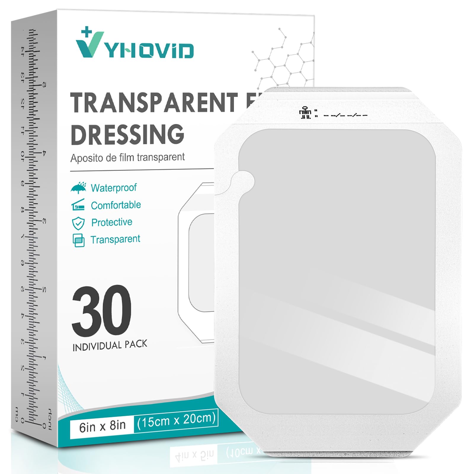 YHOVID empaque frontal mostrando 30 vendajes y tamaño 6x8 pulgadas, protección conveniente