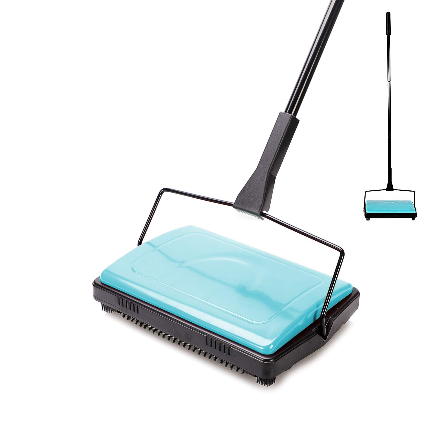 Yocada front view of blue sweeper showing compact head and easy reach benefit