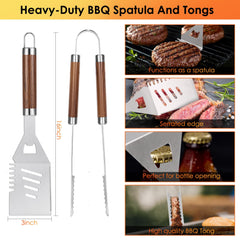 Yoehka long-handled tongs and fork close-up showing sturdy heat-safe handles