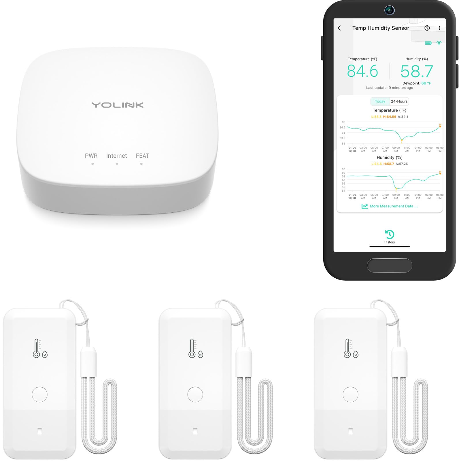YoLink hub and three sensors displayed, showing kit completeness and reliable coverage