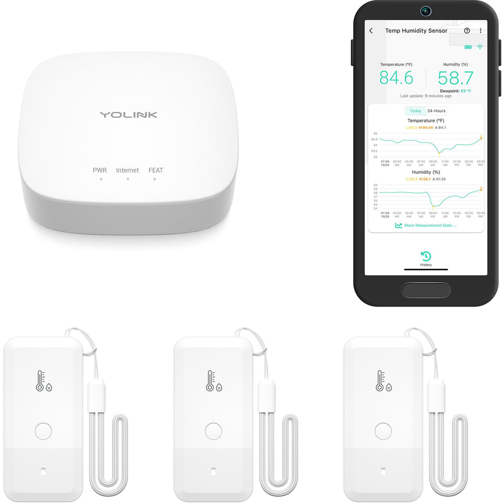 YoLink hub and three sensors displayed, showing kit completeness and reliable coverage