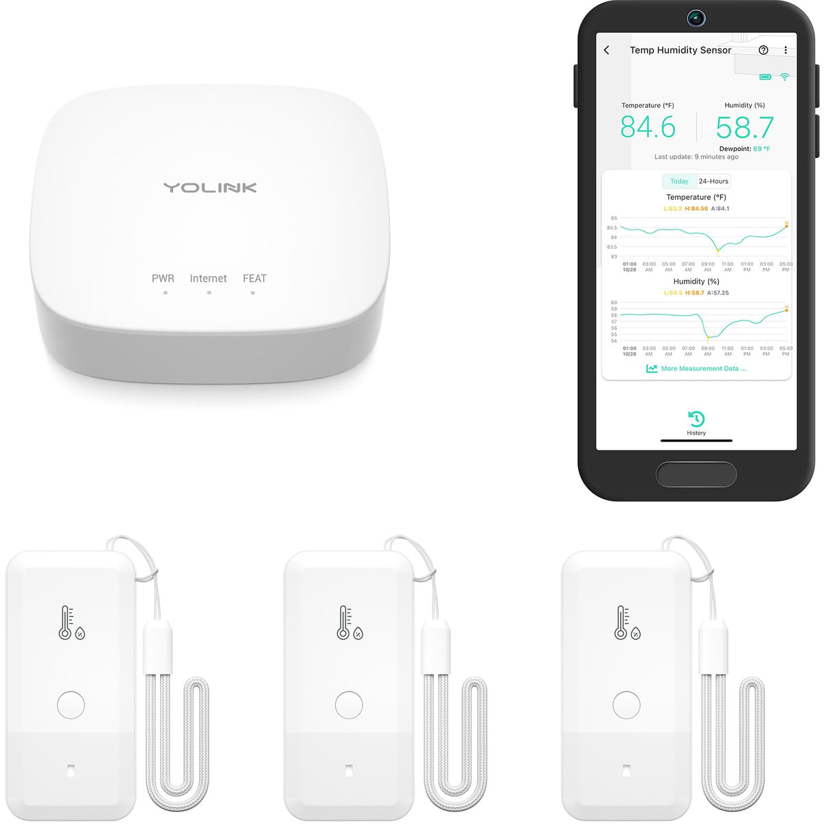YoLink hub and three sensors displayed, showing kit completeness and reliable coverage