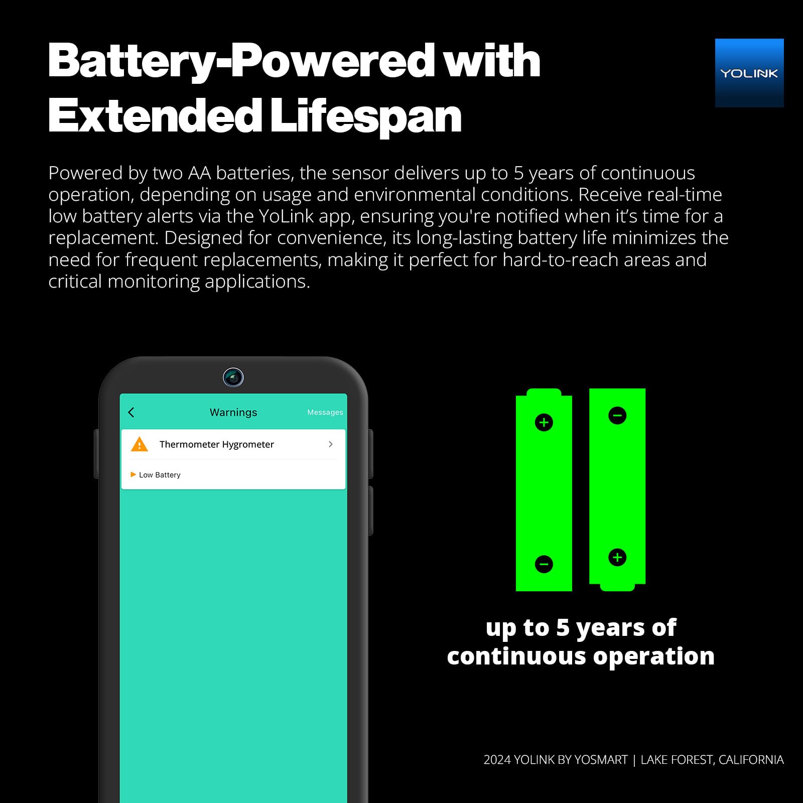 YoLink sensor with open battery compartment, illustrating long five-year battery potential