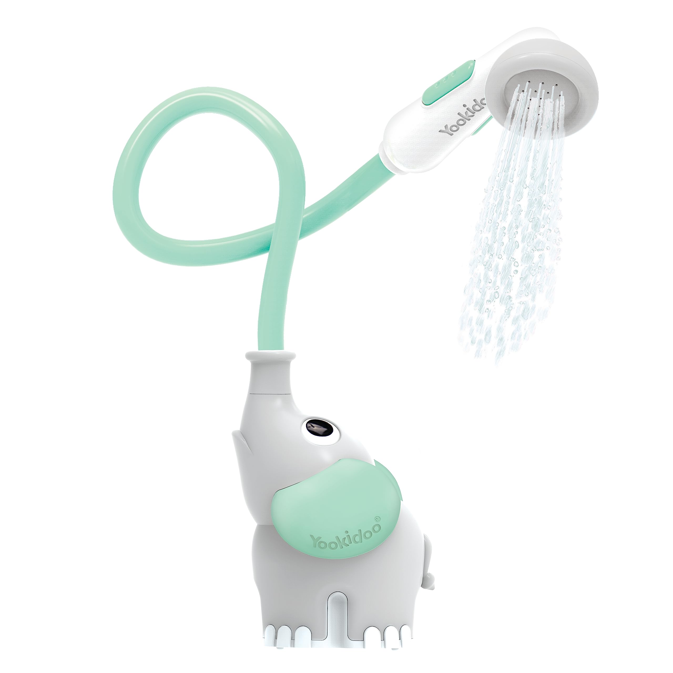 Yookidoo elephant front view showing compact sprayer and child-friendly design benefit gentle rinses