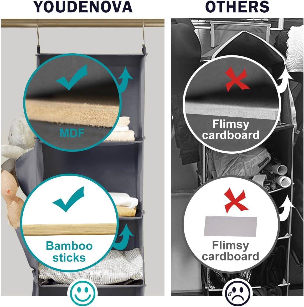 YOUDENOVA comparación de escala junto a ropa doblada, referencia de tamaño