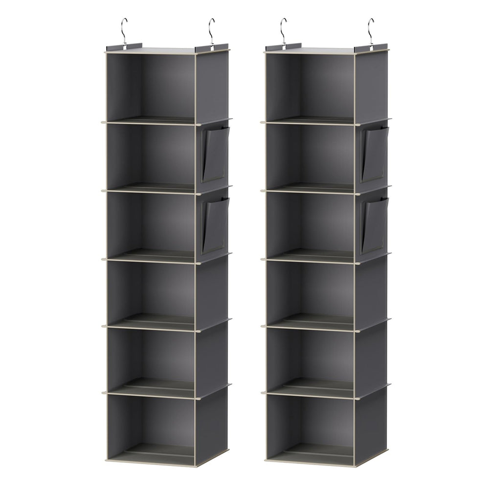 YOUDENOVA front view of two grey hanging organizers showing compact storage benefit