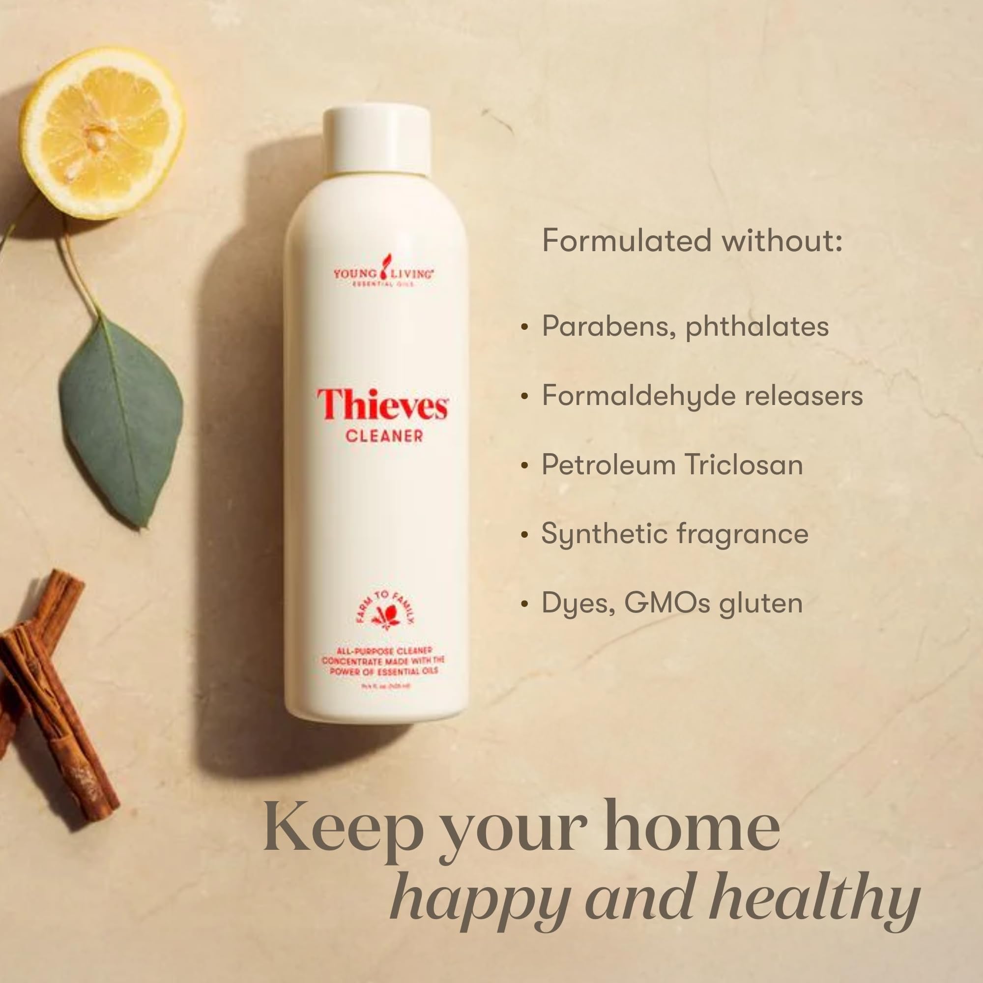 Young Living etiqueta de Thieves mostrando ingredientes y origen, transparencia