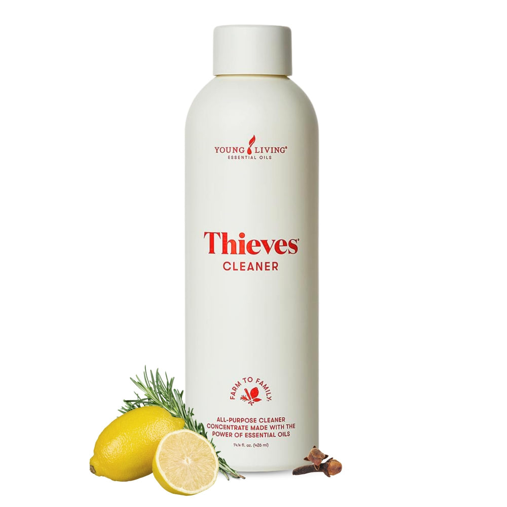Young Living frasco Thieves frente mostrando tamaño y diseño, limpieza concentrada