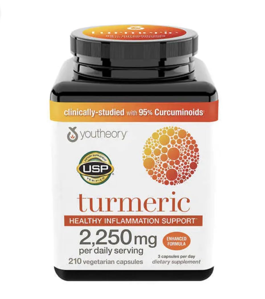 Youtheory envase frontal mostrando 210 cápsulas vegetales y beneficios de absorción