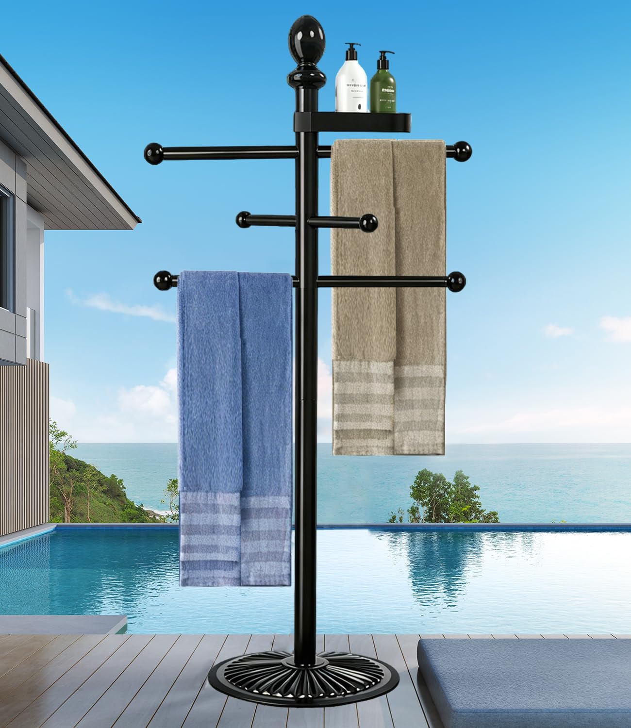 Yozoluck front view towel rack showing six bars and organized towels benefit drying