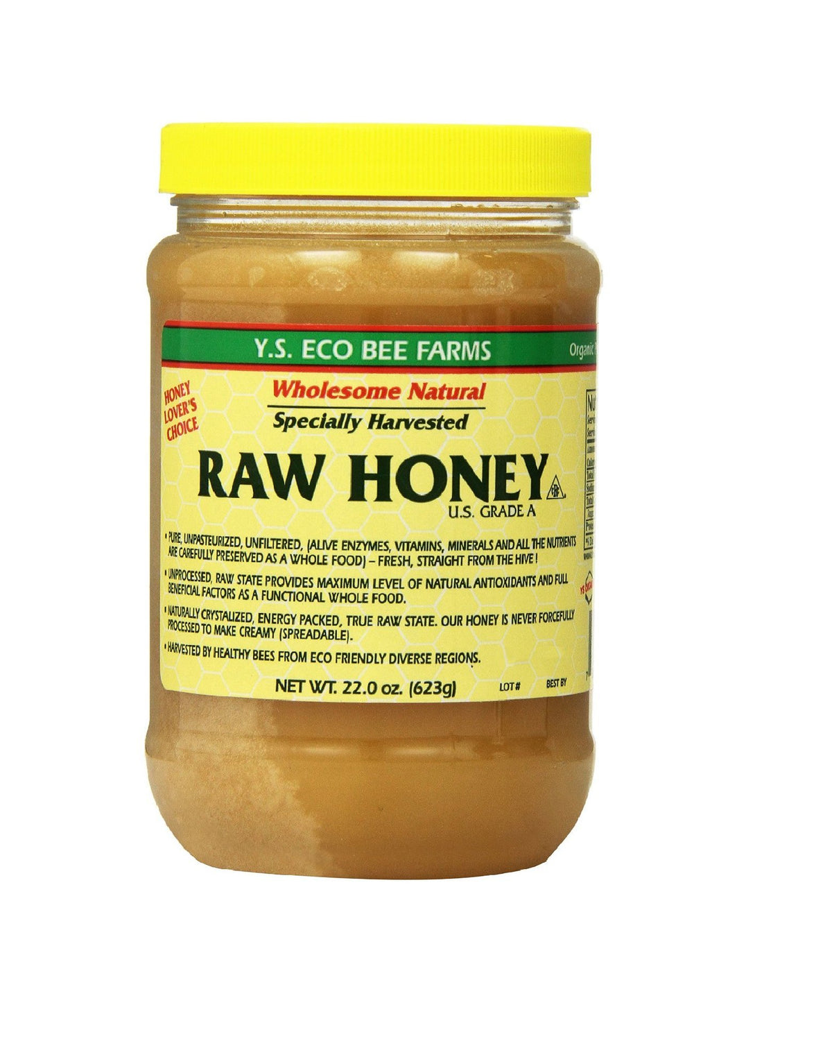Y.S. Eco Bee Farms frasco delantero mostrando etiqueta clara y ahorro por pack