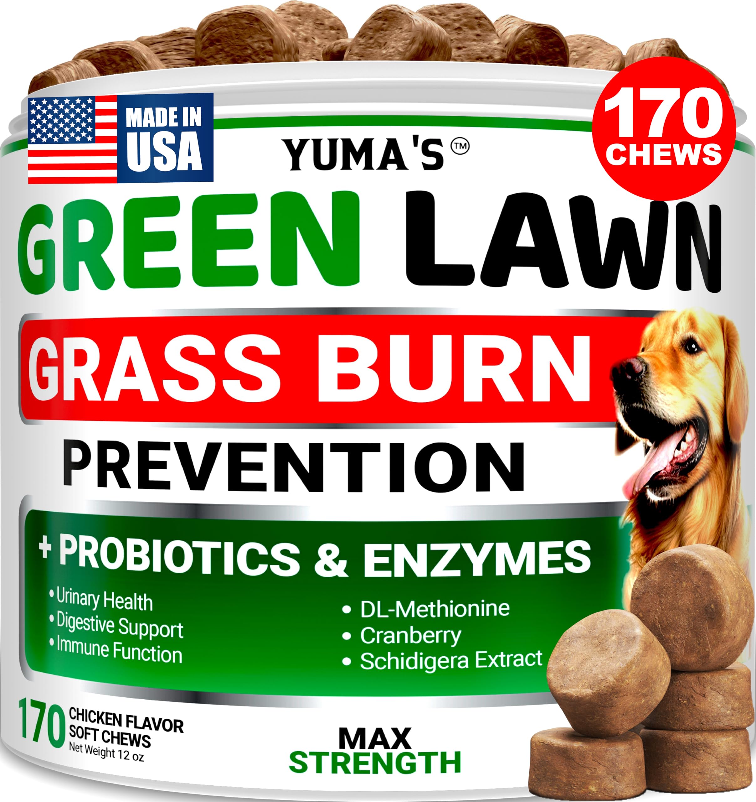 YUMA'S envase frontal mostrando 170 chucherías para césped más verde y cuidado