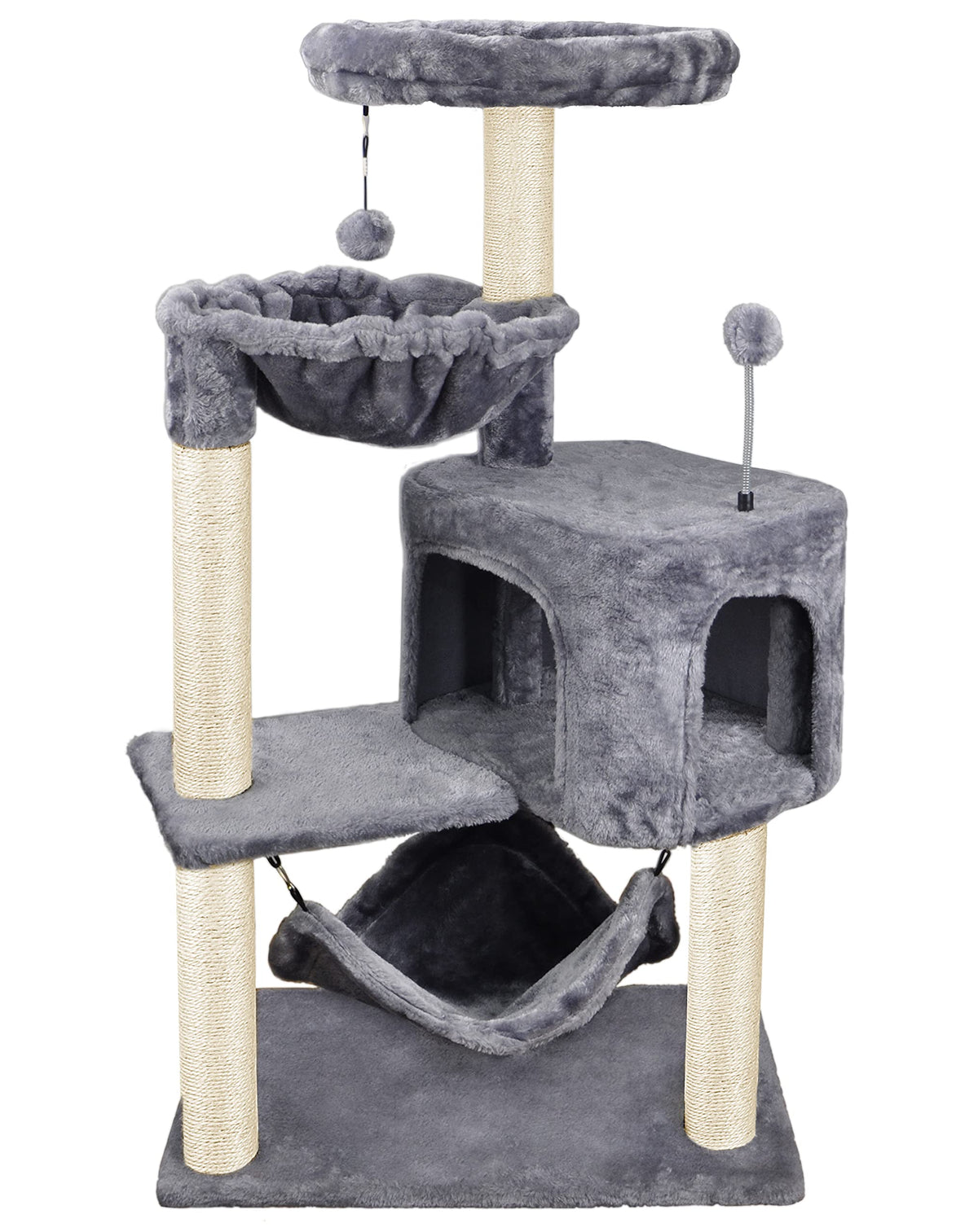 YUNIQUE full cat tree front view showing compact multi-level design and benefits