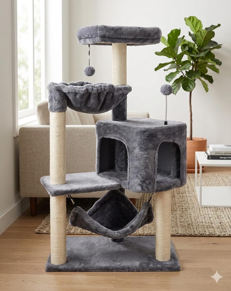 YUNIQUE cat on tower showing scale and multi-cat friendly benefit