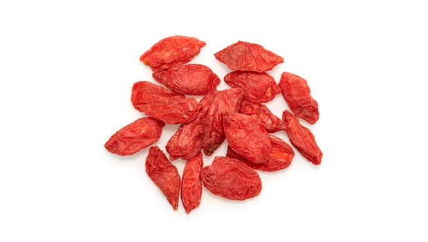 Yupik textura cercana de bayas de goji mostrando color y masticabilidad
