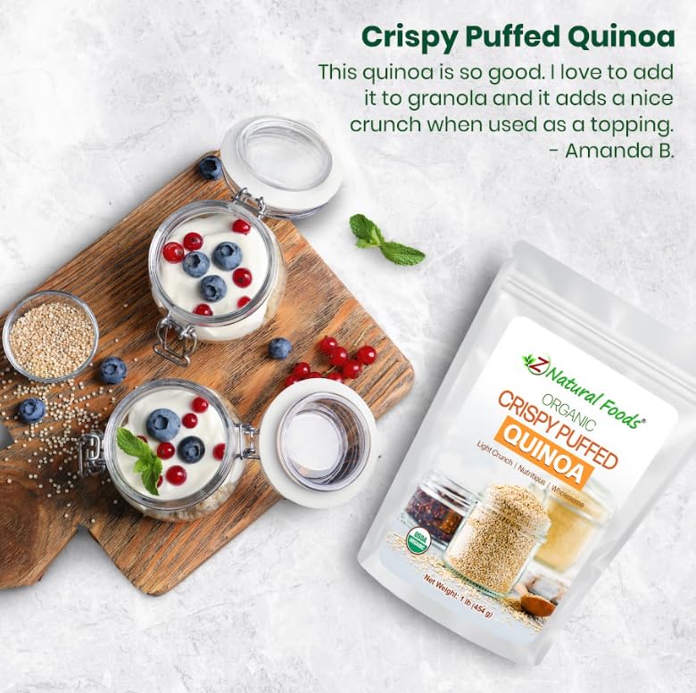 Z Natural Foods barra energética casera decorada con quinoa inflada como ingrediente proteico