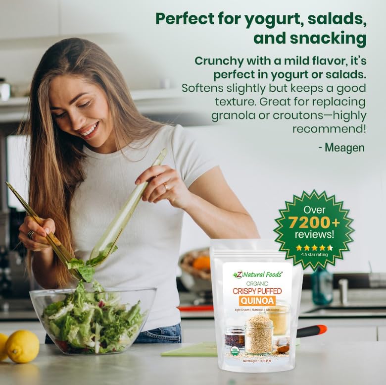 Z Natural Foods mesa de desayuno con quinoa inflada en bowl, café y frutas, estilo de vida sano