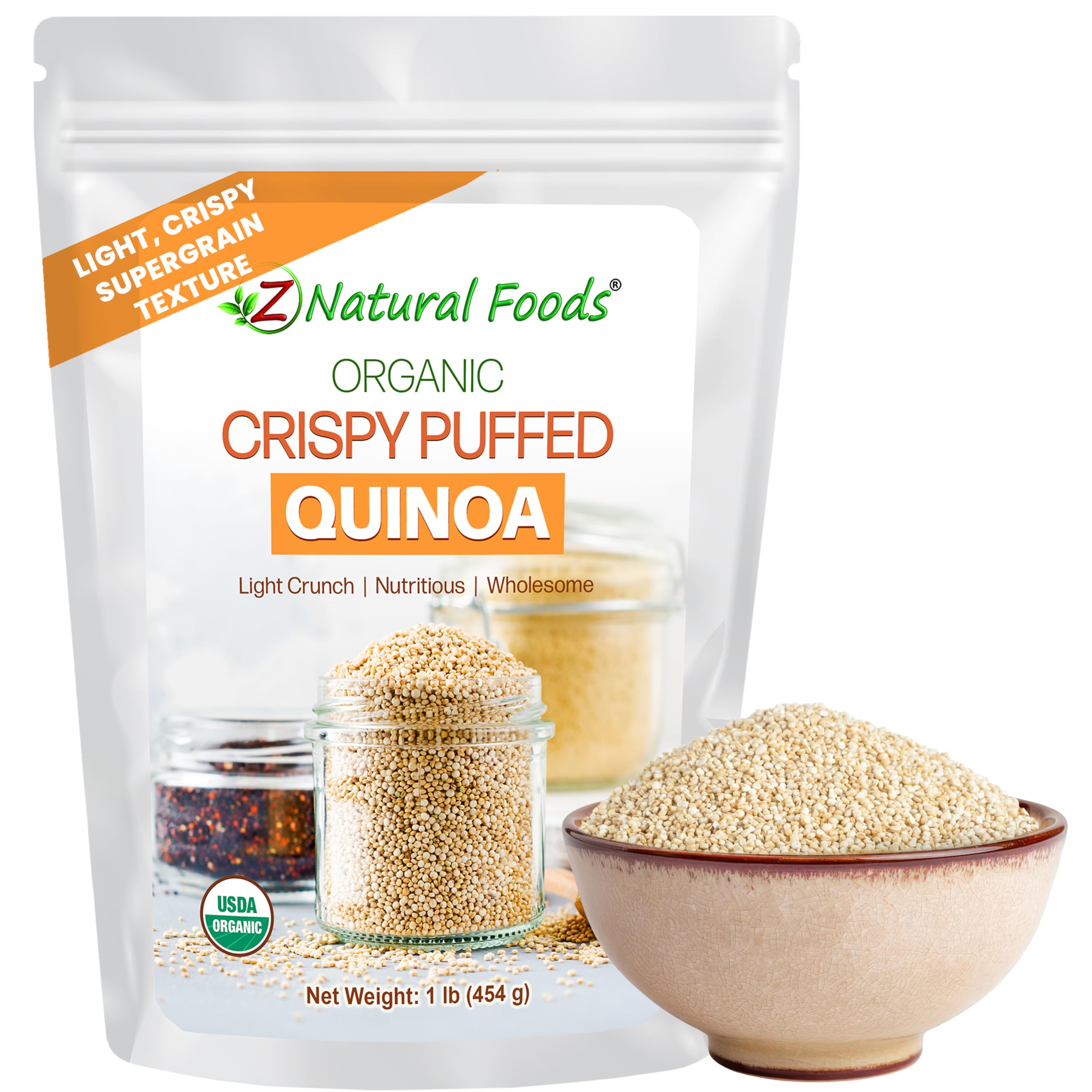 Z Natural Foods paquete frontal de quinoa inflada orgánica mostrando diseño y tamaño