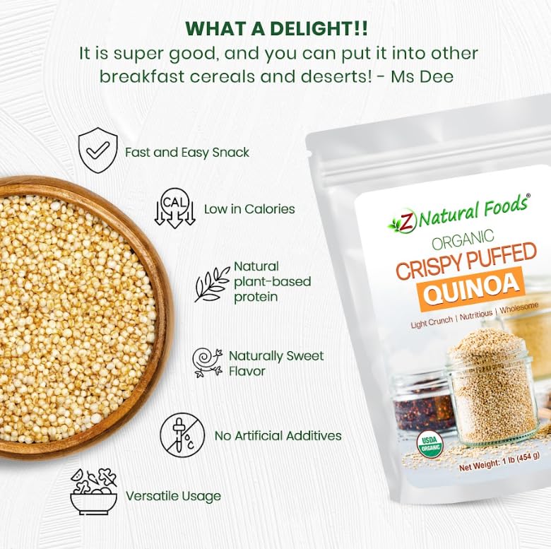 Z Natural Foods bola de quinoa inflada al lado de una mano para ver escala