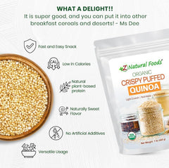 Z Natural Foods bola de quinoa inflada al lado de una mano para ver escala