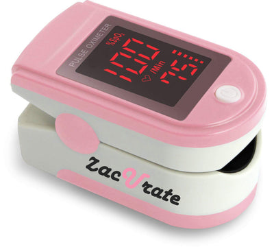 Zacurate oxímetro Pro Series 500DL frontal en rosa con pantalla visible y lectura clara