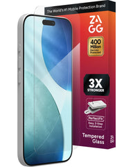 ZAGG protector frontal para iPhone 17 mostrando empaque y beneficios