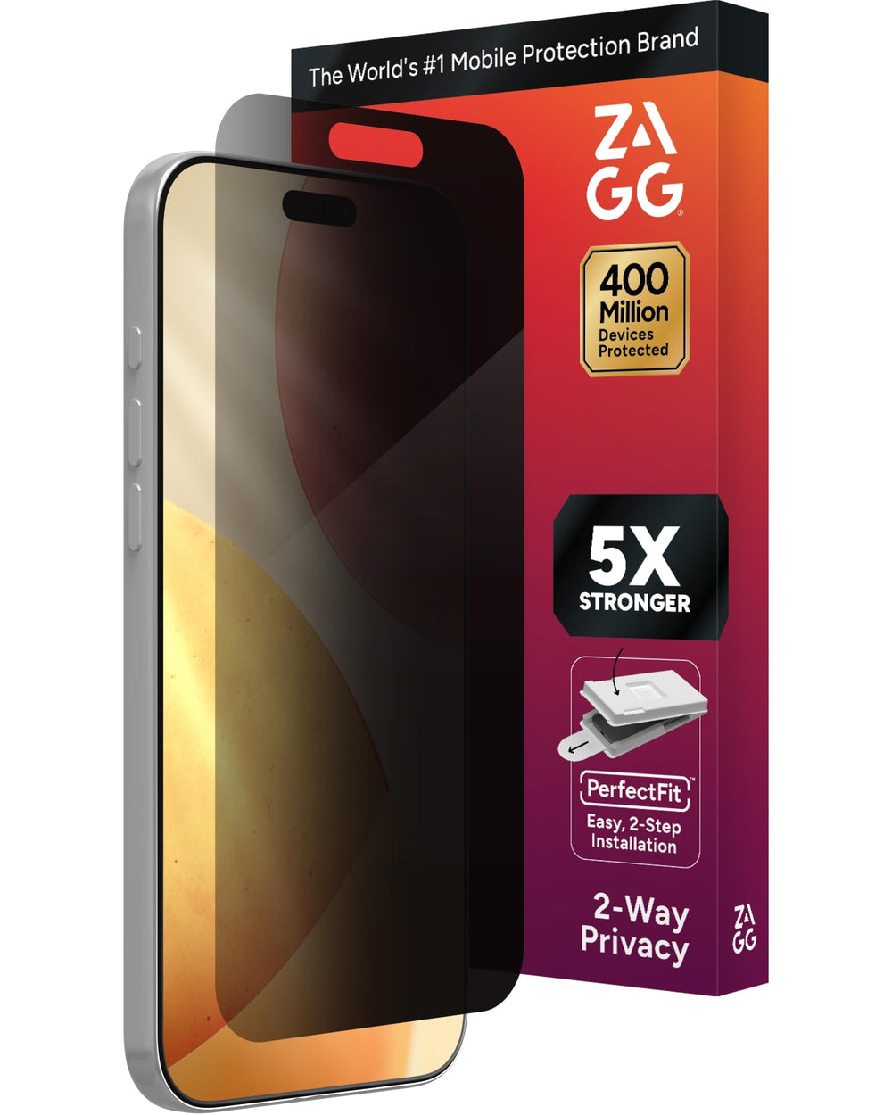 ZAGG vista frontal del protector mostrando cobertura completa y protección