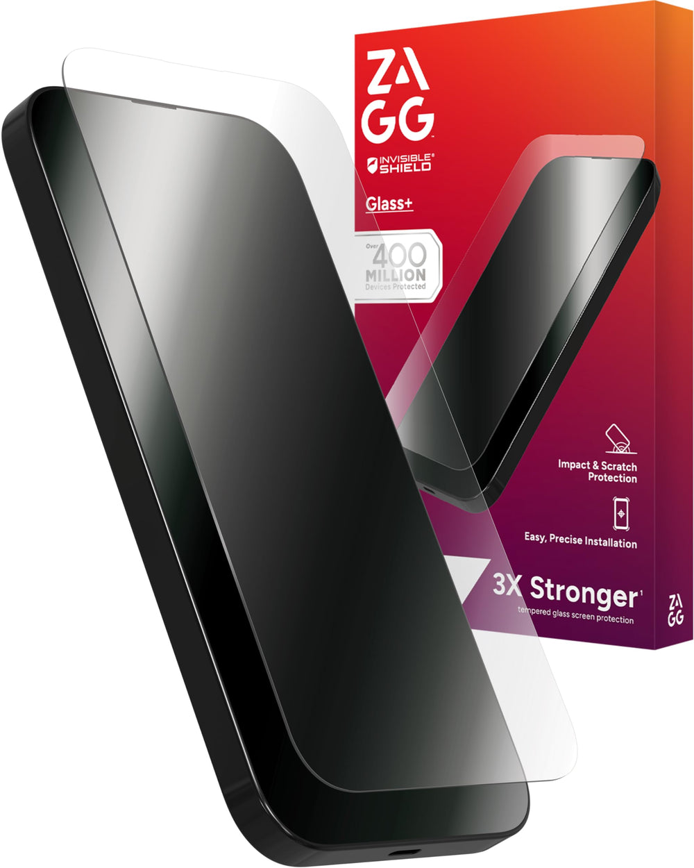 ZAGG Glass+ vista frontal mostrando protección completa y claridad