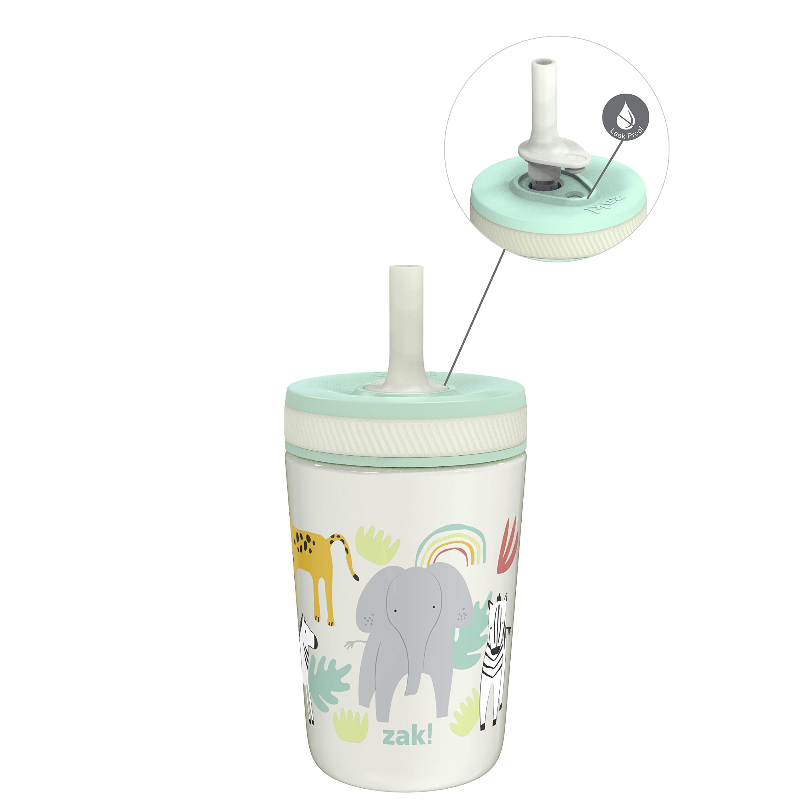 Zak Designs frente del vaso infantil mostrando diseño Safari y refuerzo antideslizante