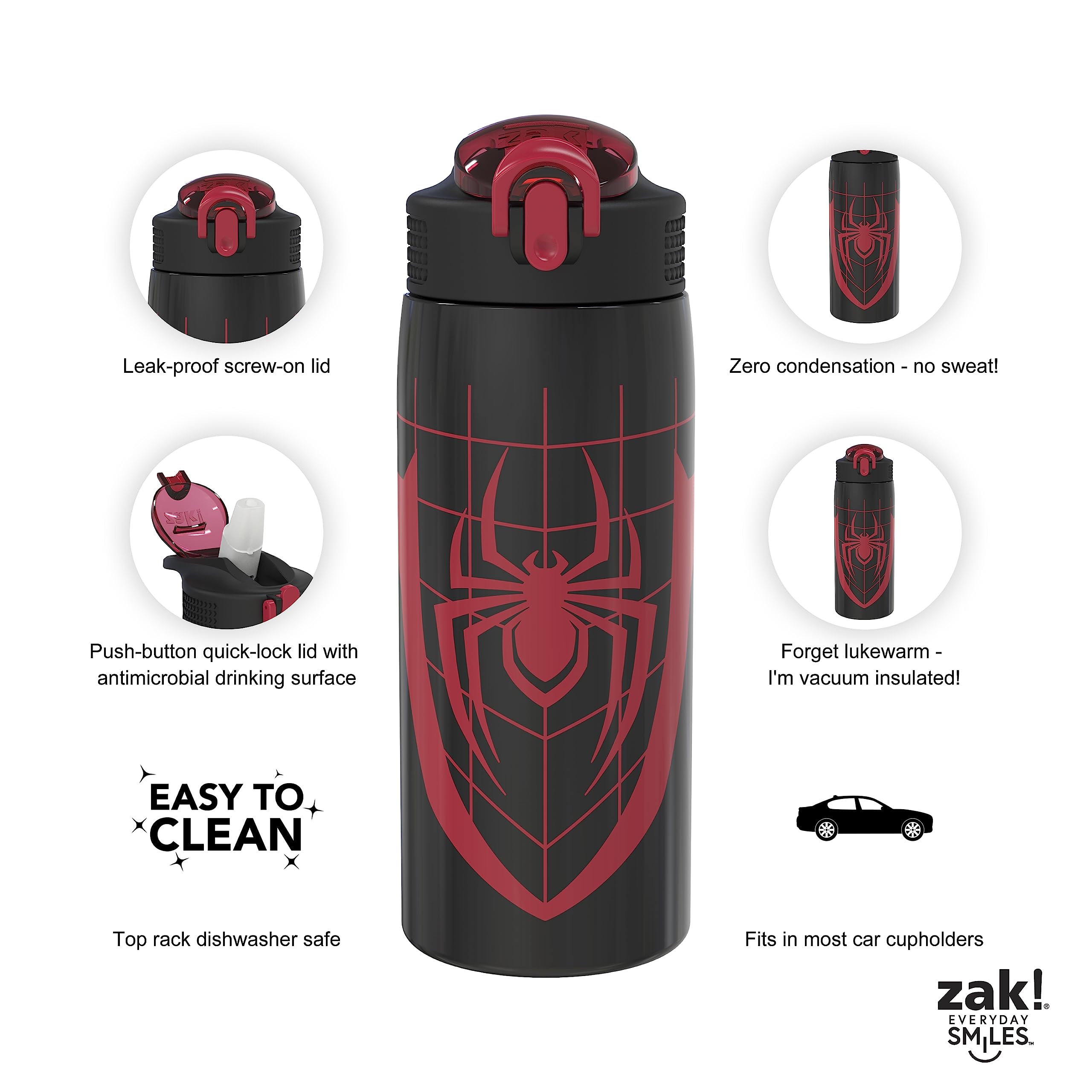 Zak Designs botella colocada en mochila mostrando el asa para transporte cómodo