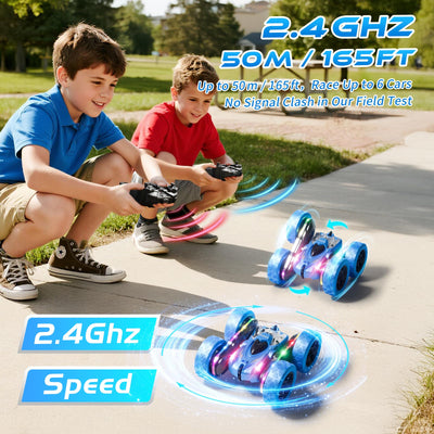 Zalneo stunt car mid‑flip demonstrating double‑sided action and continuous stunt performance
