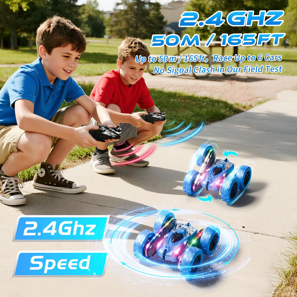 Zalneo stunt car mid‑flip demonstrating double‑sided action and continuous stunt performance