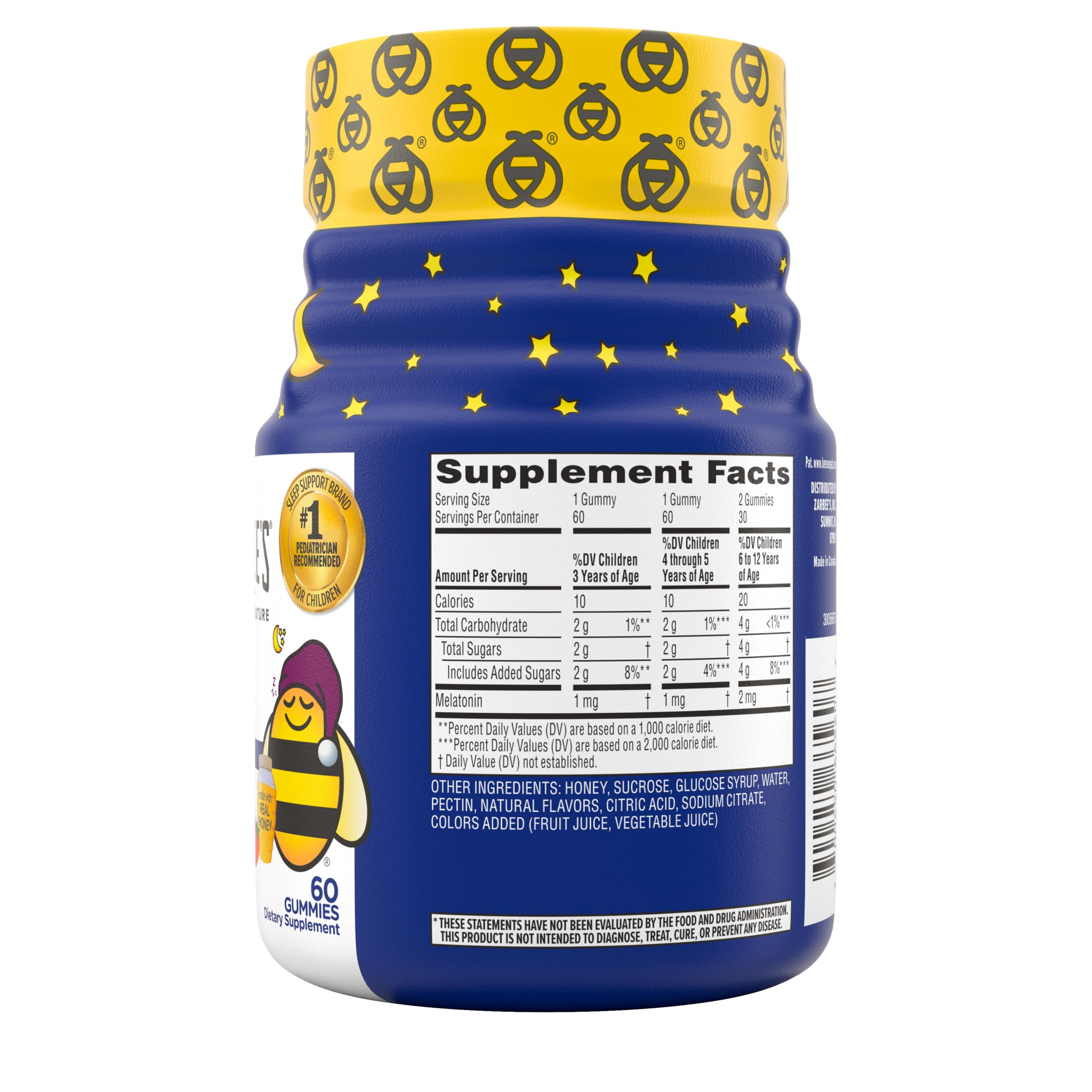Zarbee's bote abierto con gominolas dispersas mostrando cantidad y formato
