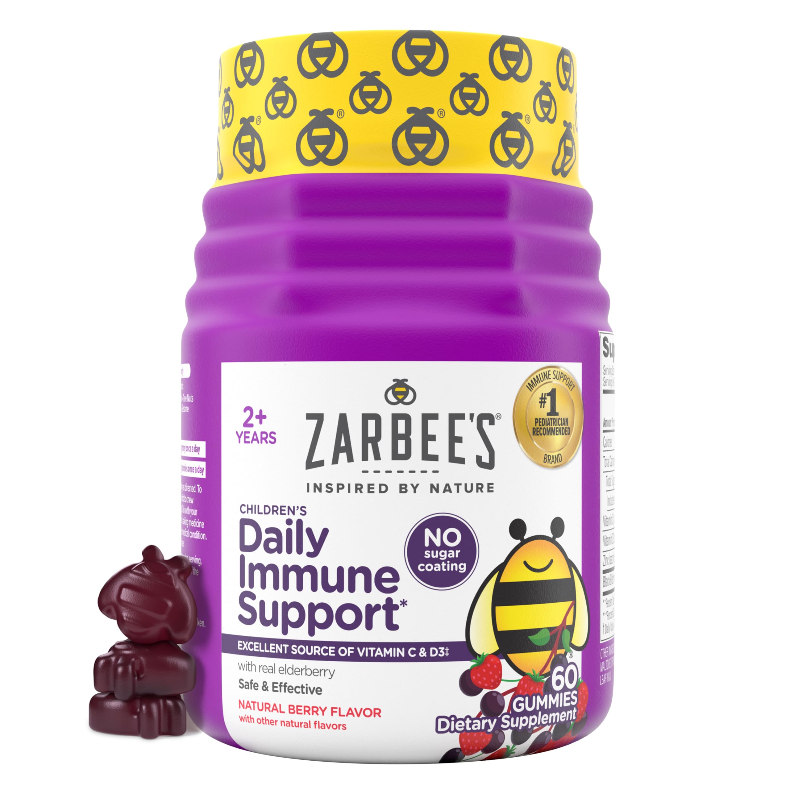 Zarbee's frasco frontal mostrando 60 gomitas y beneficios
