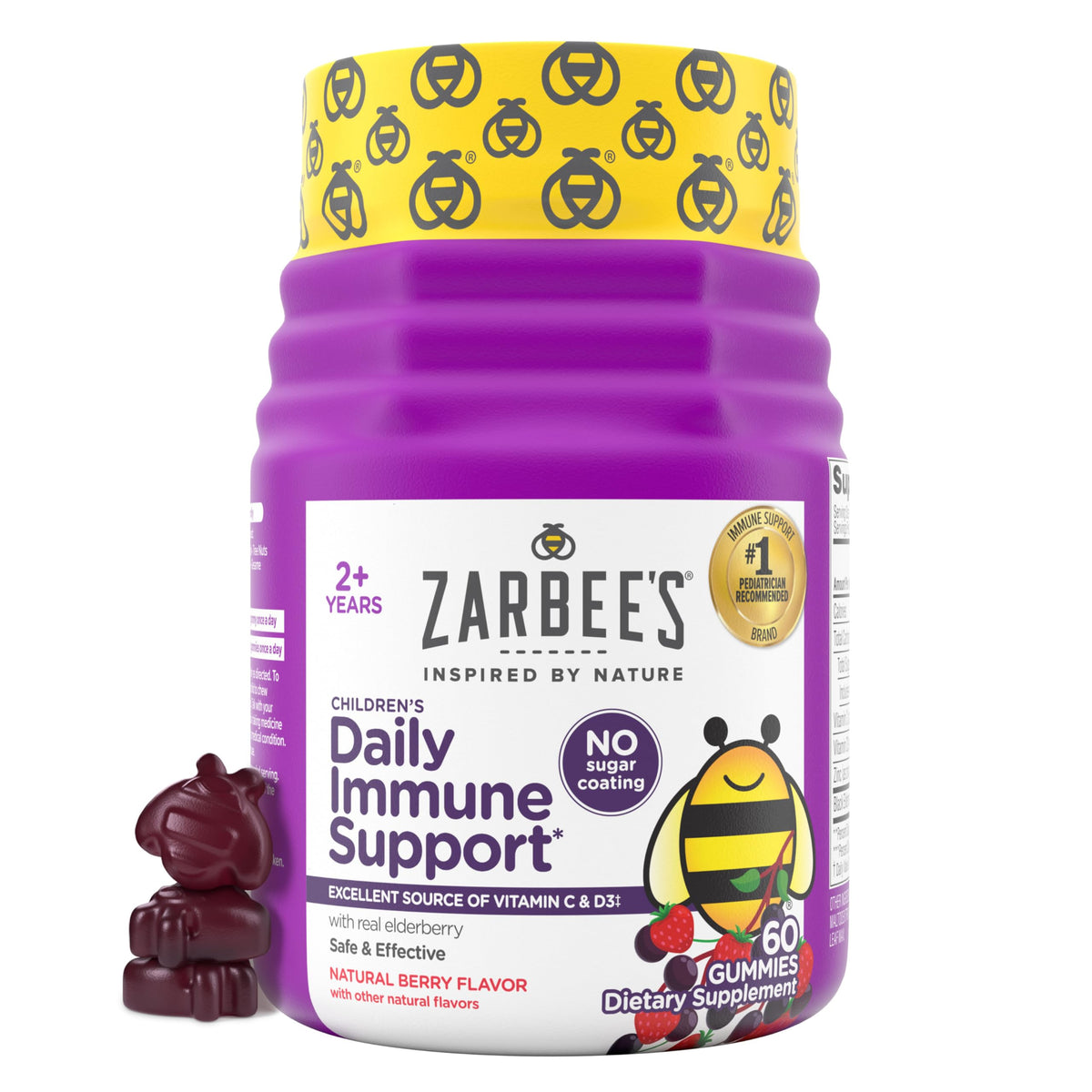 Zarbee's frasco frontal mostrando 60 gomitas y beneficios