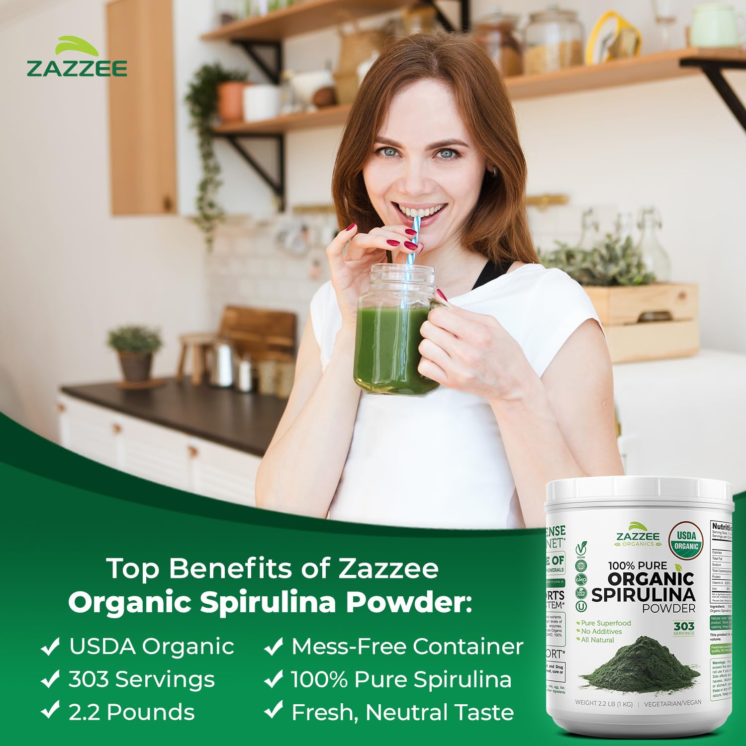 Zazzee batido verde preparado con spirulina, fácil mezcla y sabor vegetal