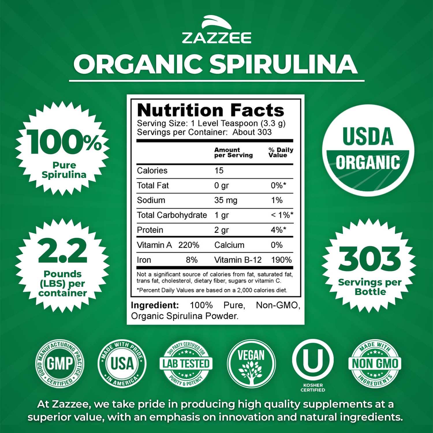 Zazzee primer plano del polvo de spirulina, textura fina y color uniforme