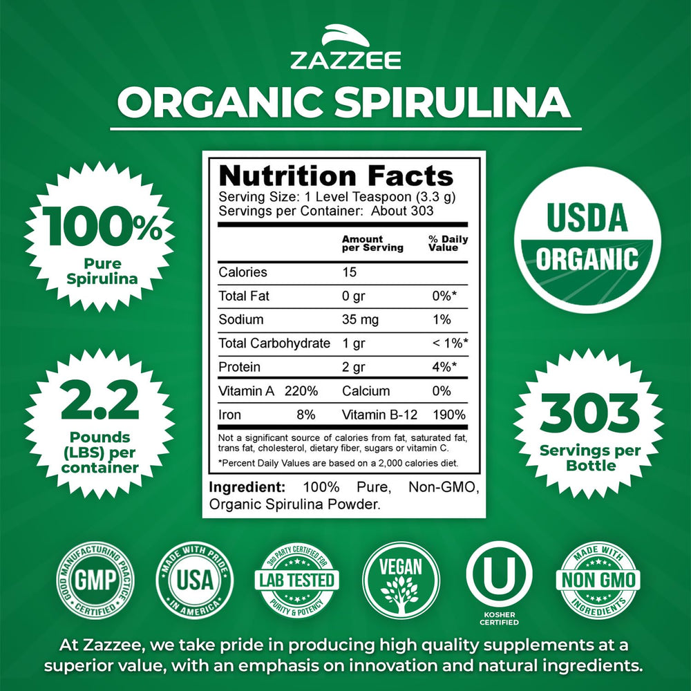 Zazzee primer plano del polvo de spirulina, textura fina y color uniforme