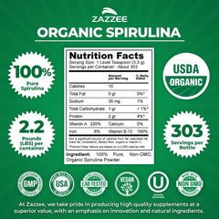 Zazzee primer plano del polvo de spirulina, textura fina y color uniforme