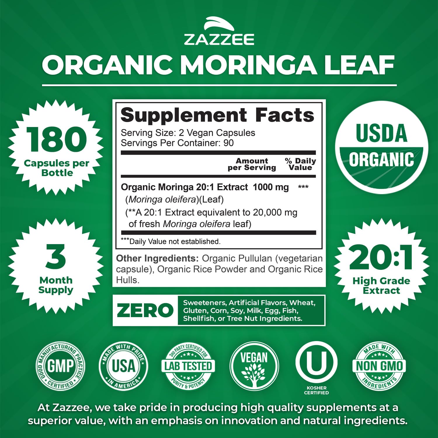 Zazzee etiqueta con certificación USDA Organic y certificaciones visibles