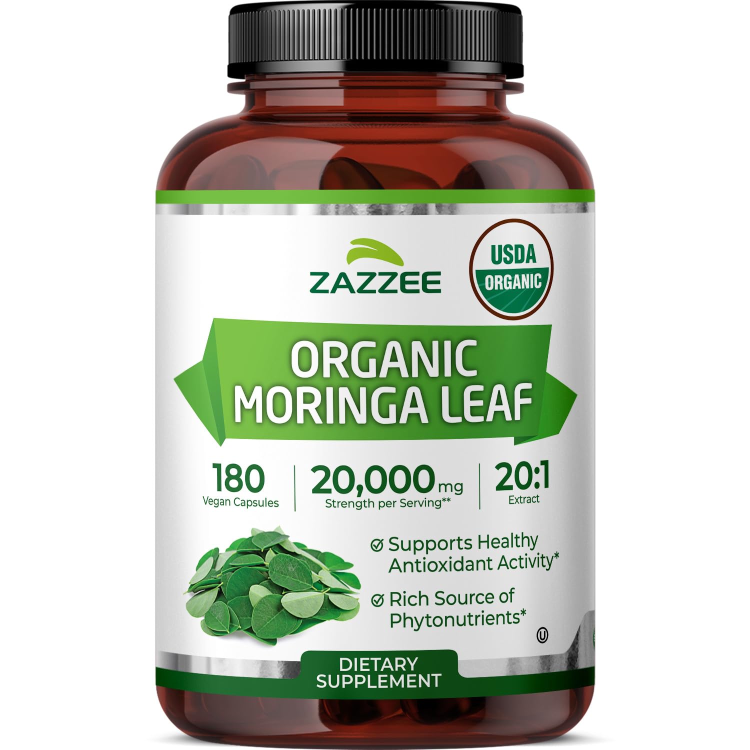 Zazzee envase frontal de moringa 20:1 mostrando cantidad y diseño