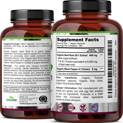 Raw organic beet roots with Zazzee label emphasizing natural sourcing