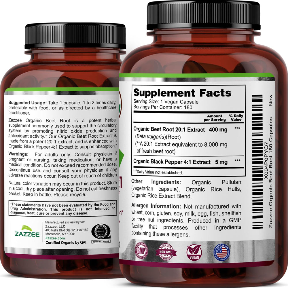 Raw organic beet roots with Zazzee label emphasizing natural sourcing