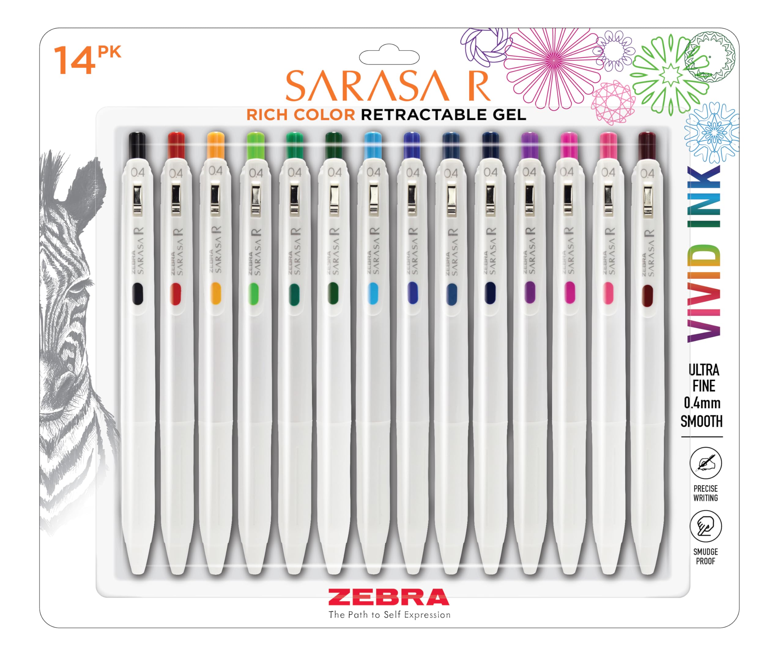 Zebra Pen pack frontal mostrando 14 colores vivos y diseño elegante