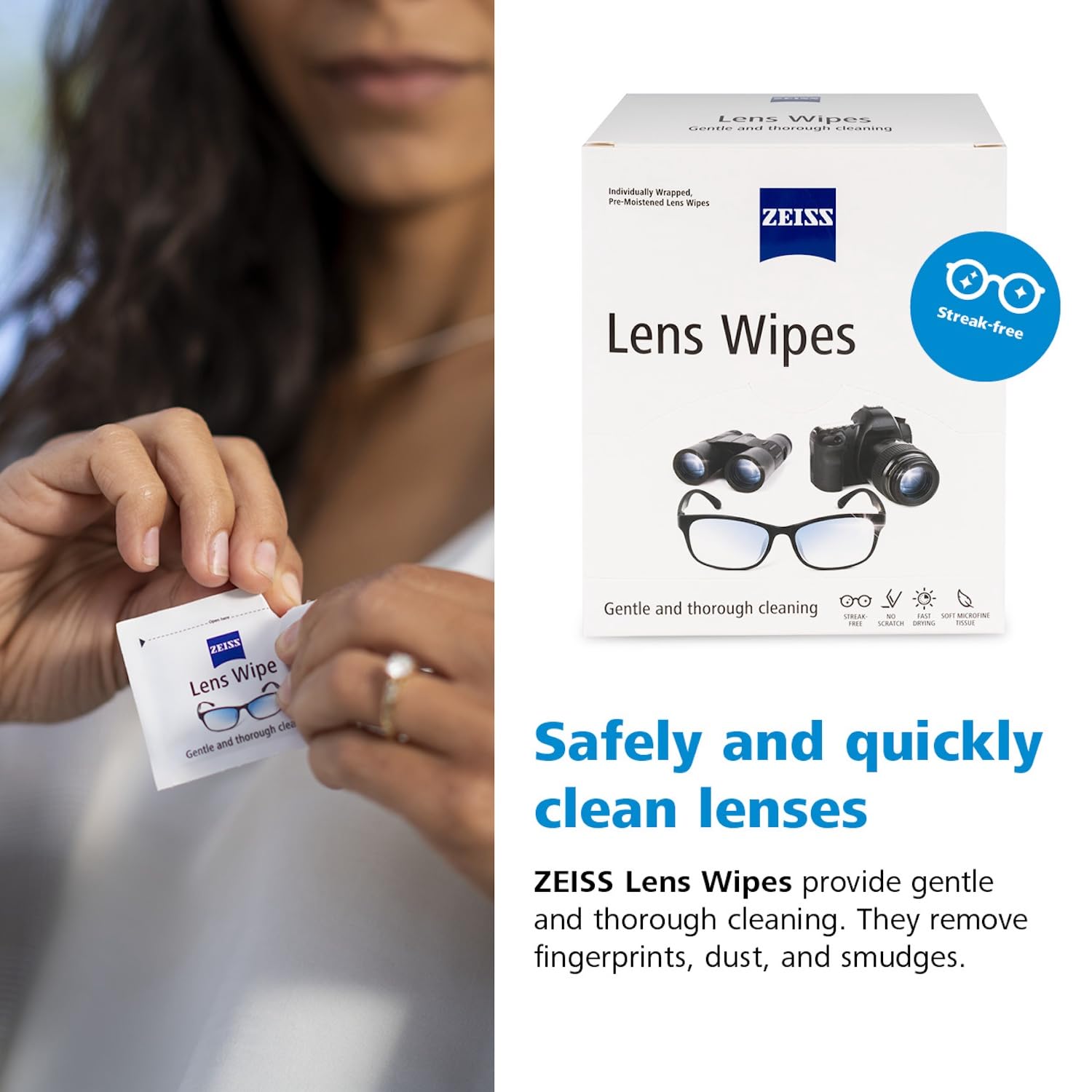 ZEISS paquete junto a teléfono para comparar tamaño y transporte sencillo