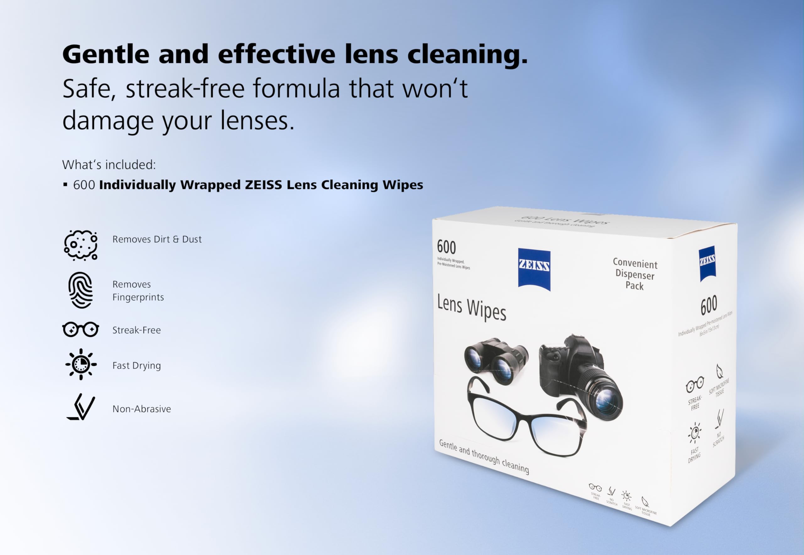 ZEISS imagen de lente antes y después de limpieza, beneficio: acabado sin residuos