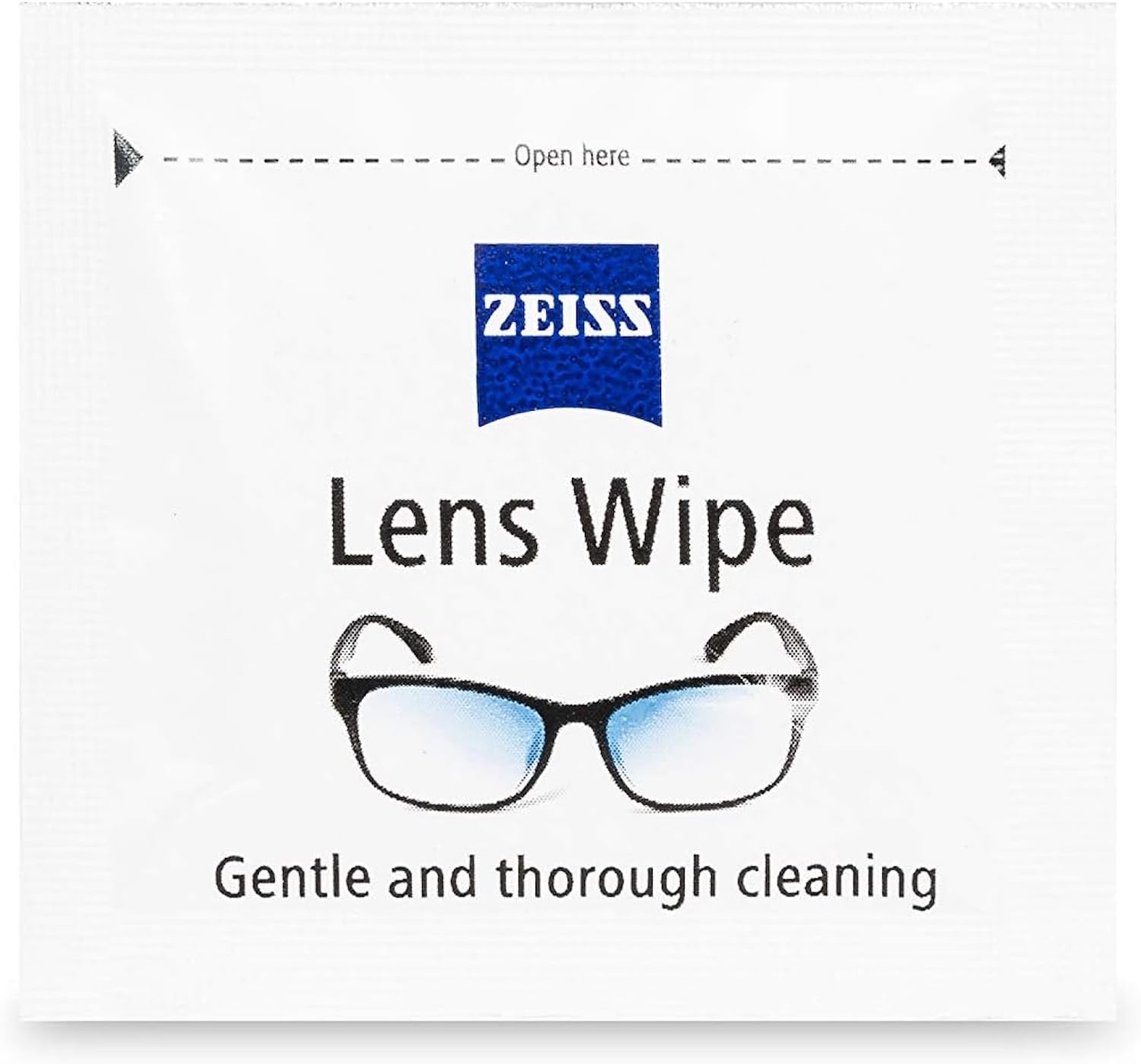 ZEISS persona limpiando gafas con toallita, beneficio: limpieza rápida sin rayas