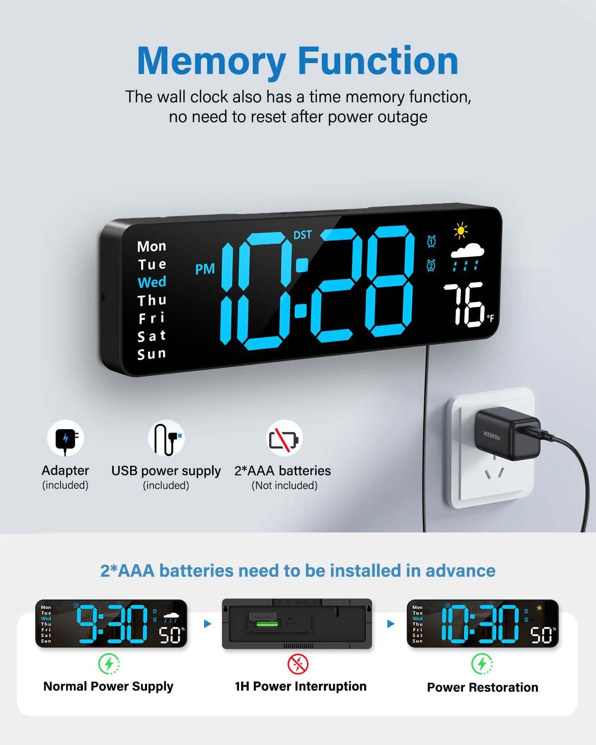 Zelaclock vista lateral con adaptador enchufado mostrando alimentación segura