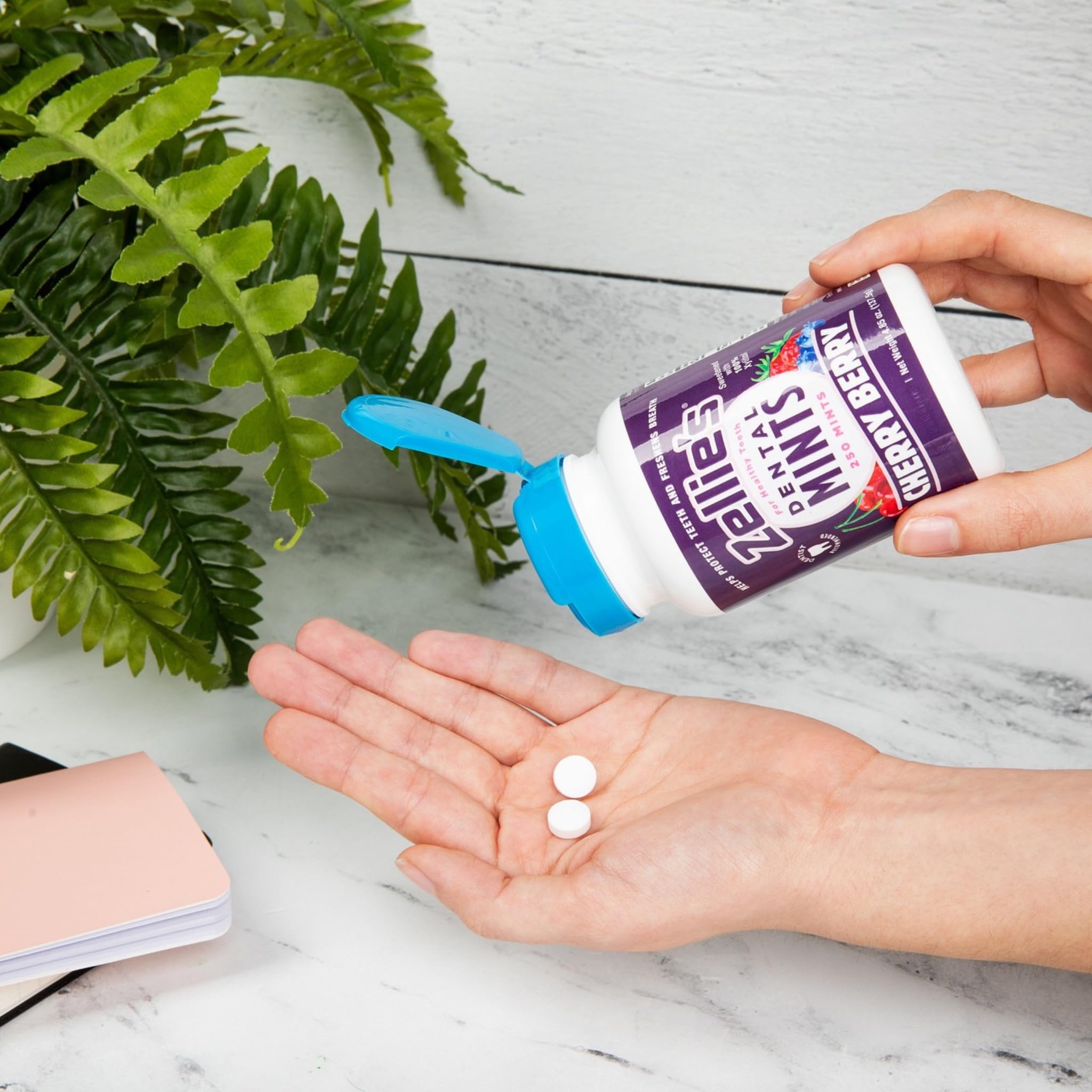 Zellie's mints dentro del bote, fácil acceso y almacenamiento